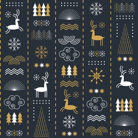Seamless Christmas pattern with stylized snowflakes, deers, trees, fabric design or gift paper, wrapping printのイラスト素材