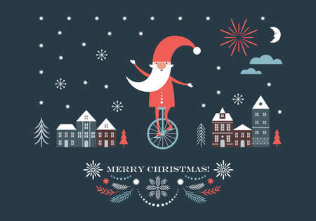Christmas Gnome is going by on unicycle, Christmas illustration, Greeting cardのイラスト素材