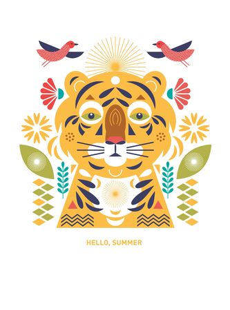 Tiger stylized illustration. Greeting or invitation card. Banner, poster , flyer template. Birthday card. Flat ornamental design, cover designのイラスト素材