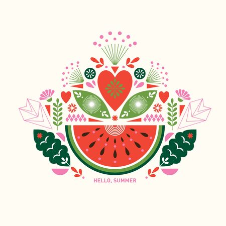 Watermelon stylized ilustration. Greeting or invitation card. Banner, poster template. Birthday card. Flat ornamental designのイラスト素材