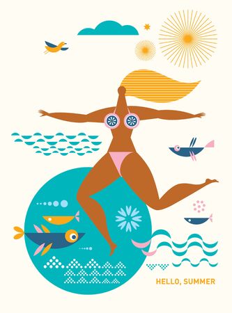 Young Woman in swimming suit on marine background, wave, fish, stylized sea life. Summer. Vector illustrationのイラスト素材