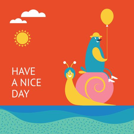 Greeting card design. Happy Birthday card . Have a nice day card. Children illustrations style. Gift card.のイラスト素材