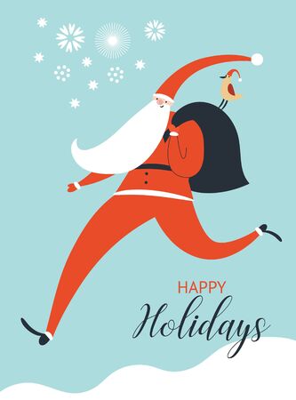 Santa is coming. Christmas holiday card with Santa Claus. Poster, banner, sticher, gift card, greeting card designのイラスト素材