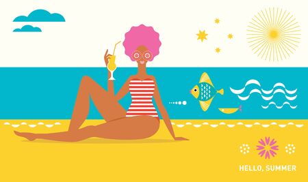 Young woman on the beach. Hello Summer. Vector flat illustration.のイラスト素材