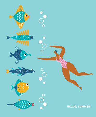 Young woman swims in the sea . Flat vector illustrationのイラスト素材