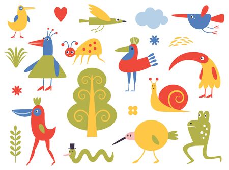 Various birds and bizarre creatures. Children's graphics. Cute characters setのイラスト素材