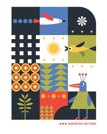 Color geometric pattern with birds . Geomentric shapes styleのイラスト素材