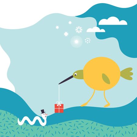 Greeting card design. Happy Birthday card ,banner template.  Children illustrations style. Cute big bird and little worm,  gift card.のイラスト素材