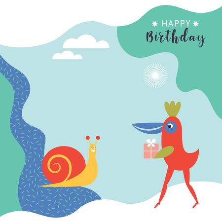 Greeting card design. Happy Birthday card ,banner template.  Children illustrations style. Cute birds and snail ,  gift card.のイラスト素材