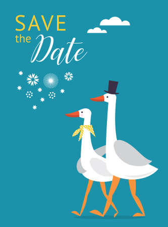 Save the date card design. Couple of cute white gooses.のイラスト素材