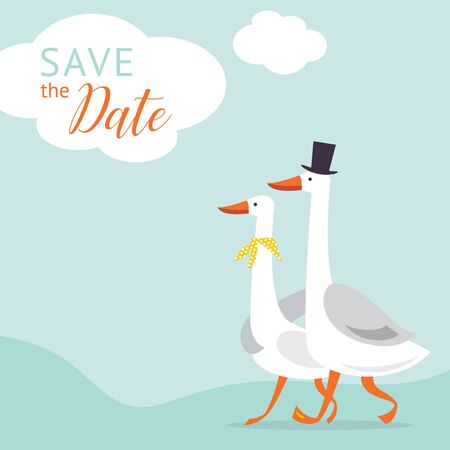 Save the date card design. Couple of cute white gooses.のイラスト素材