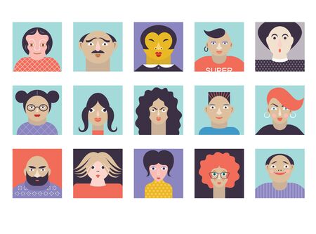 People Avatar Face icons, set of stylized  portraites in frame. Men, women, girls, boys. Cartoon peopleのイラスト素材