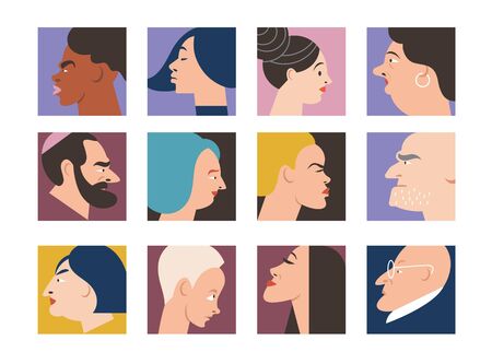 People Avatar Face Collection icons, set of stylized vector portraits in minimalist style, cartoon emotion charactersのイラスト素材