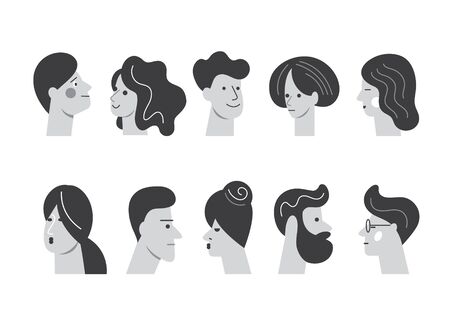 Black and white People Avatar Face icons, set stylized portraites, cartoon peopleのイラスト素材