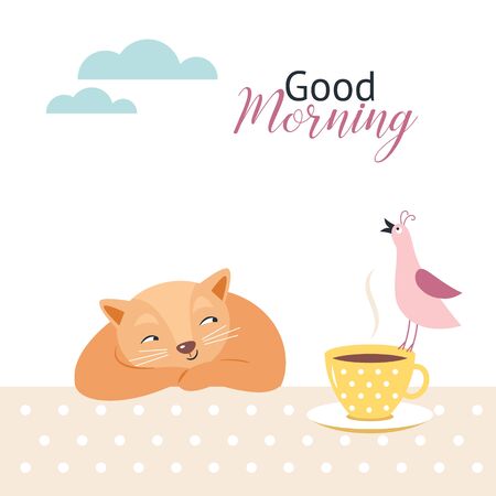 Good Morning . Greeting card design. Good for Happy Birthday card, poster, banner. Cute cat with cup of tea or coffee and singing bird.のイラスト素材