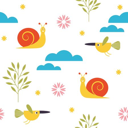 Seamless kids pattern, vector illustration, textile design, fabric pattern. Cute snail and bird on a white background.のイラスト素材