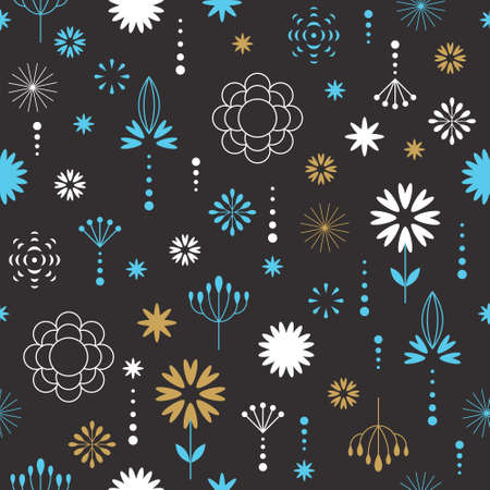 Seamless pattern with beautiful snowflakes and decorative graphic elements on black background.のイラスト素材