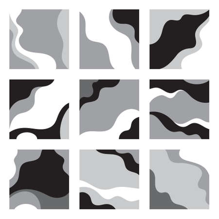 Vector black and white pattern, wavy abstract shapes, square frameのイラスト素材