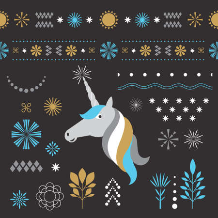 Set graphic design elements, head of unicorn, snowflakes. Seamless ribbons ornaments.のイラスト素材