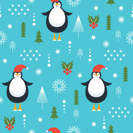 Cute pengguins and decorative elements. Seamless pattern. Season greetings design. Christams background, wallpaper, wrapper paper, print, gift paperのイラスト素材