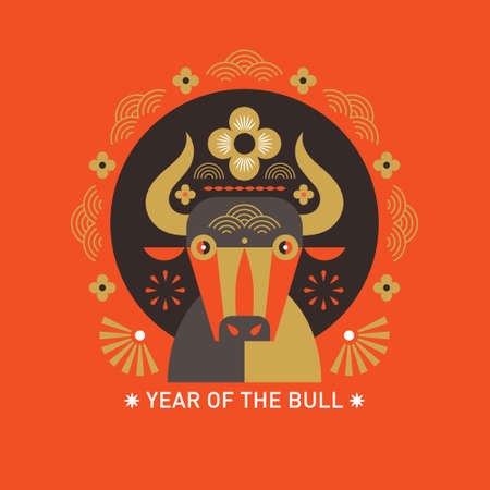 Chinese Happy New Year. Year of the bull. Happy new year greetings, Year of the OX, Greeting cardのイラスト素材