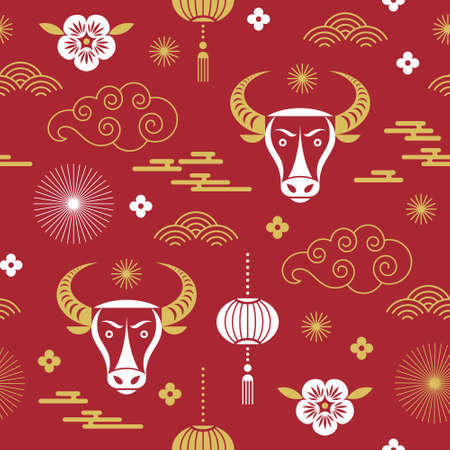Seamless pattern. Chinese Happy new year. Year of the bull.のイラスト素材