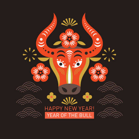Chinese Happy New Year. Year of the bull. Happy new year greetings, Year of the OX, Greeting cardのイラスト素材