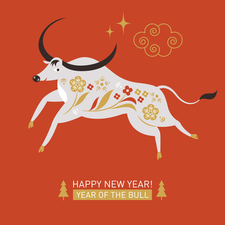 Chinese Happy New Year. Year of the bull. Happy new year greetings, Year of the OX, Greeting cardのイラスト素材