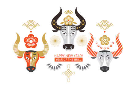 Chinese Happy New Year. Year of the bull. Happy new year greetings, Year of the OX, Greeting cardのイラスト素材