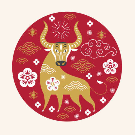 Chinese Happy New Year. Year of the bull. Happy new year greetings, Year of the OX, Greeting cardのイラスト素材