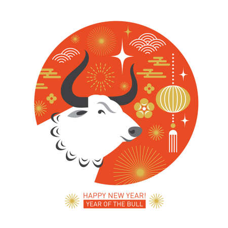 Chinese Happy New Year. Year of the bull. Happy new year greetings, Year of the OX, Greeting cardのイラスト素材