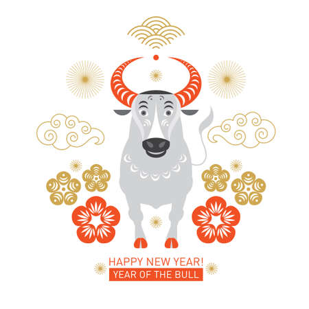 Chinese Happy New Year. Year of the bull. Happy Chinese New Year greetings, Year of the OX, Greeting cardのイラスト素材