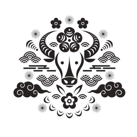 Chinese Happy New Year. Year of the Bull. Black and white Greeting card, poster, emblemのイラスト素材