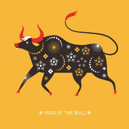 Chinese Happy new year. Year of the bull. Symbol of 2021. Greeting card, black cow on the yellow backgroundのイラスト素材