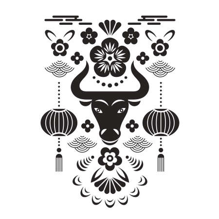 Chinese Happy New Year. Year of the Bull. Black and white Greeting card, poster, emblemのイラスト素材