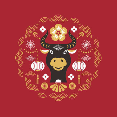 Chinese Happy New Year. Year of the Bull. Greeting card, poster, emblemのイラスト素材