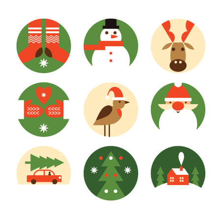 Set of christmas round emblems. Merry Christmas and Happy New Yearのイラスト素材