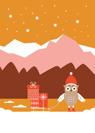 Cute owl in red hat with sled and gifts. Christmas card, poster, flyer. Printable cardのイラスト素材