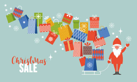 Christmas Sale. Santa with gifts. Banner Design Template. Christmas shopping. Flyer, poster. Vector illustration.のイラスト素材