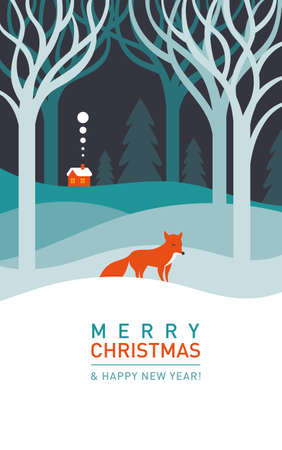 Winter illustration, fox in the forest, christmas cardのイラスト素材