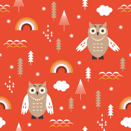 Seamless pattern with cute owls, christmas and new year themeのイラスト素材