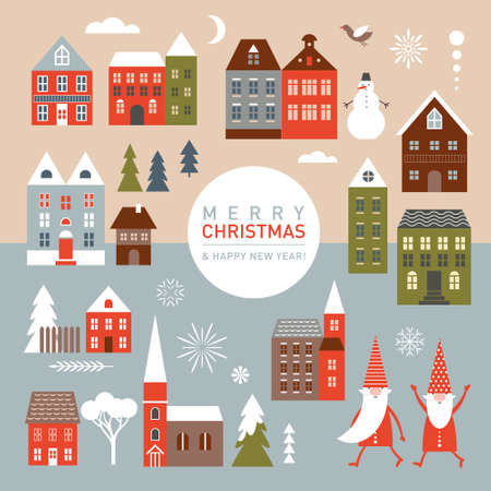 Set winter Christmas houses and design elements. Christmas decoration templates.のイラスト素材