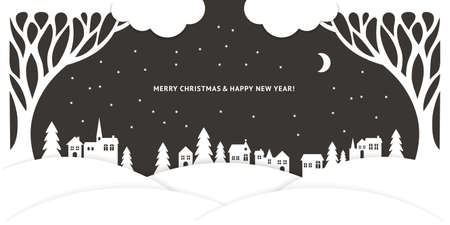 Happy new 2021 year and Merry Christmas - Black and white horizonta banner, Greeting card. Whimsical tree branches silhouette.のイラスト素材