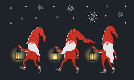 Cute Gnomes walks in the dark. Christmas greeting card.のイラスト素材
