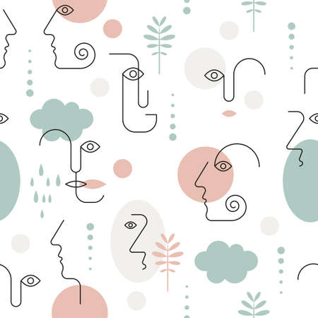 Seamless pattern with abstract portraits. Portraits in Minimalistic style, lines, geometric shapesのイラスト素材