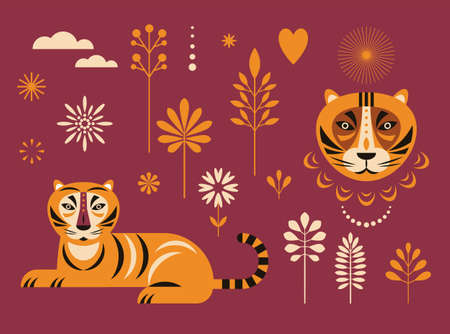 Tiger illustration and decor floral design elements set.のイラスト素材