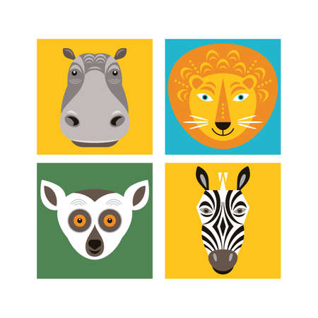 Animal portraits. Zoo collection. Hippo, lion, lemur and zebra.のイラスト素材
