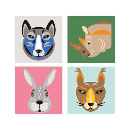 Animal portraits. Zoo collection. rhinoceros, wolf, rabbitand lynx.のイラスト素材