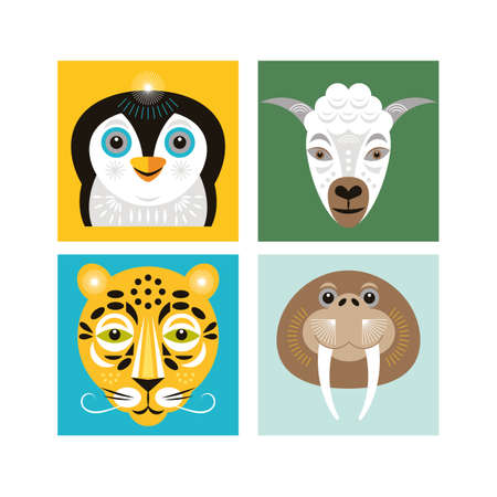 Animal portraits. Zoo collection. Penguin, sheep, walrus and leopard.のイラスト素材