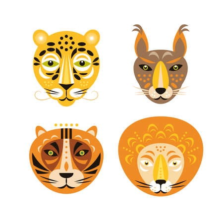 Feline animals portraits. Zoo collection. Leopard, lynx, lion and tigerのイラスト素材